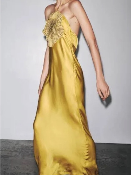 Zara Dresses & Skirts - Zara Gold Satin Halter Maxi Dress with 3D Flower
